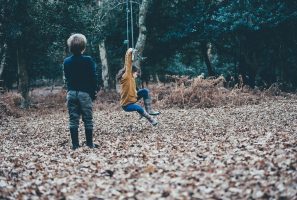 Children in the New Forest playing on a swing