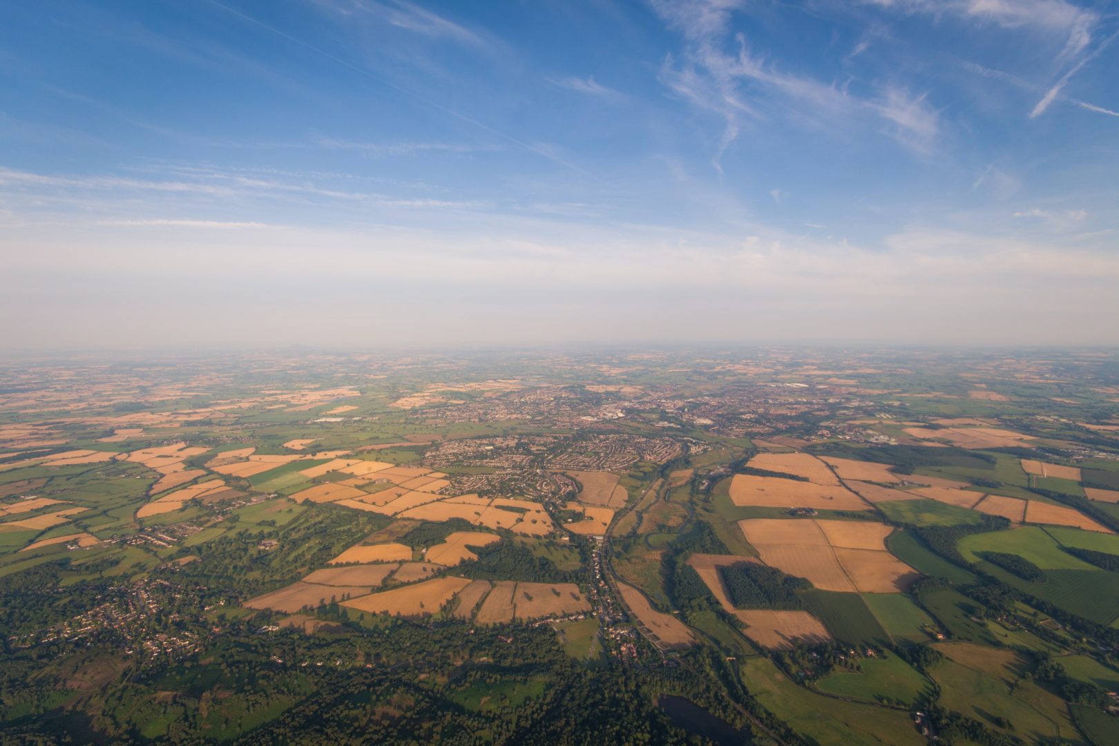 Aerial view photo of fields and hedges